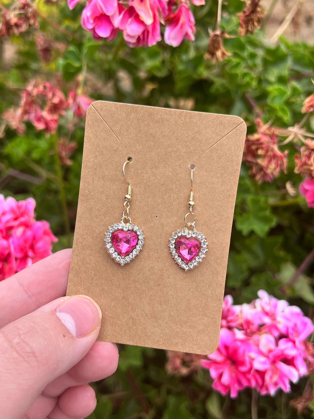 HOT PINK BLINGY HEART DANGLE EARRINGS